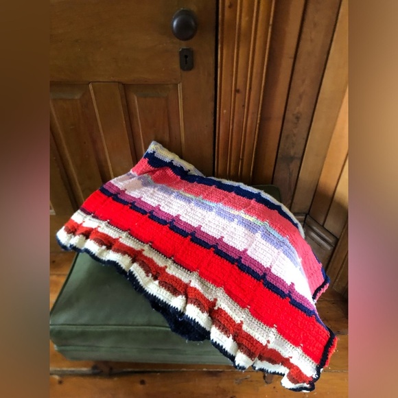 1970s Hand Knit Striped Blanket - Picture 1 of 11